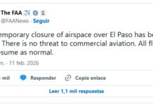 Cierre temporal del espacio aéreo en El Paso se levanta