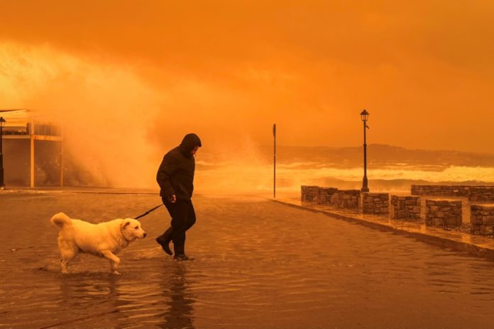 Una persona pasea con un perro por el puerto griego de Ierapetra durante una tormenta de polvo africano, el 1 de abril de 2026 en la isla de Creta. AFP