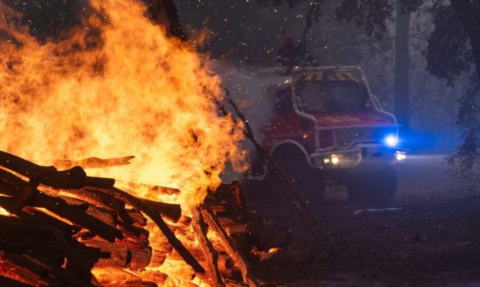 Bomberos intentan extinguir las llamas de un gran incendio en los alrededores de Burdeos, en el suroeste de Francia, el 24 de julio de 2026. AFP