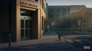 Investigadores de policía examinan el sitio de un atropello con fuga en North Hollywood Street, Memphis, donde una menor sufrió lesiones. La escena muestra la acera y entrada de la Biblioteca Hollywood.
