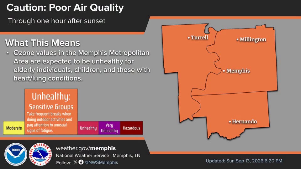 Mapa de calidad del aire con el Código Naranja por niveles elevados de ozono en el condado de Shelby