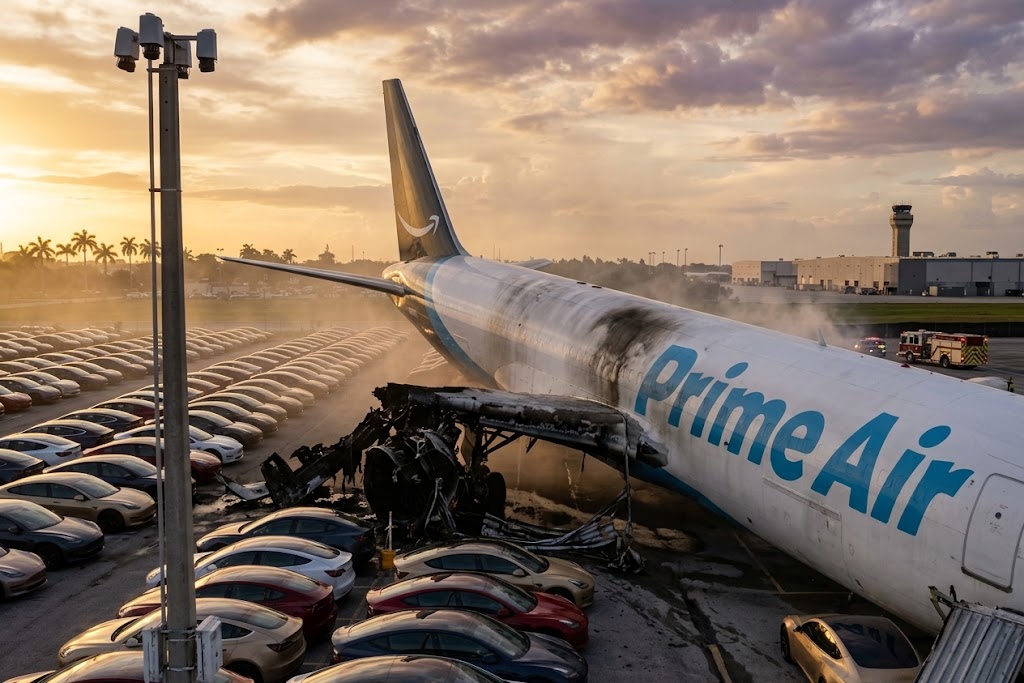 Avión de carga Boeing 767 de Amazon dañado en la pista del aeropuerto de Miami