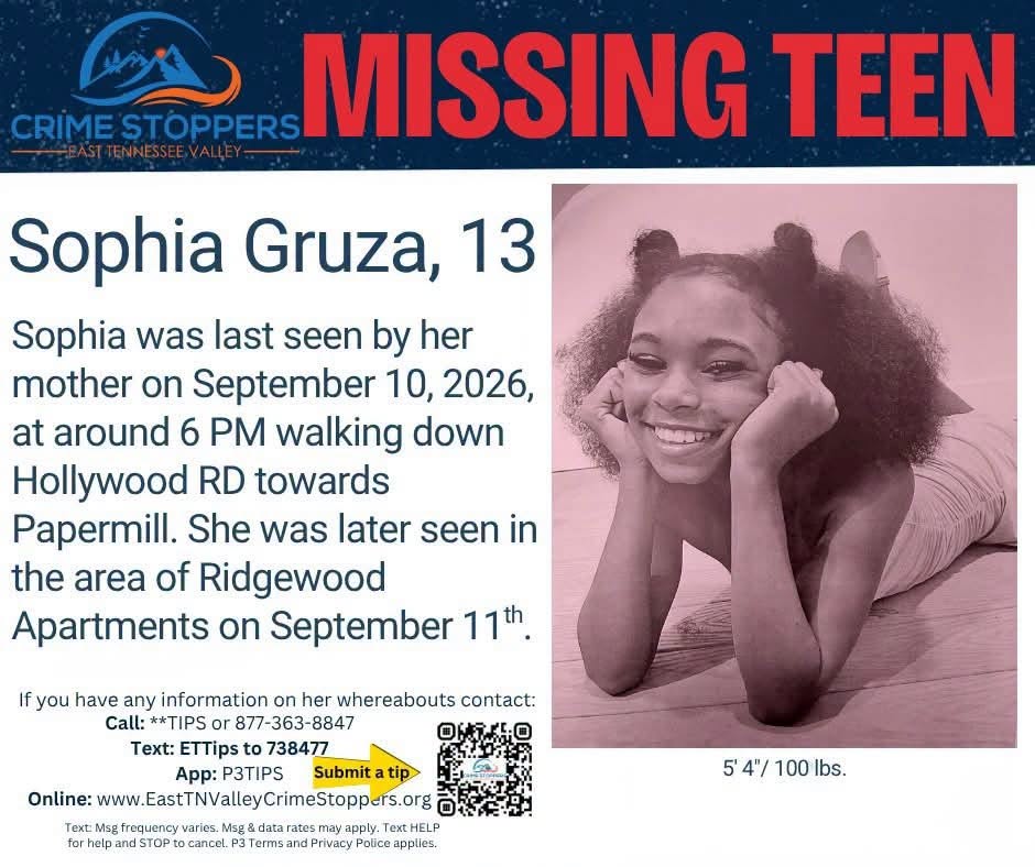 Aviso de Crime Stoppers por Sophia Gruza, adolescente de 13 anos desaparecida en Knoxville