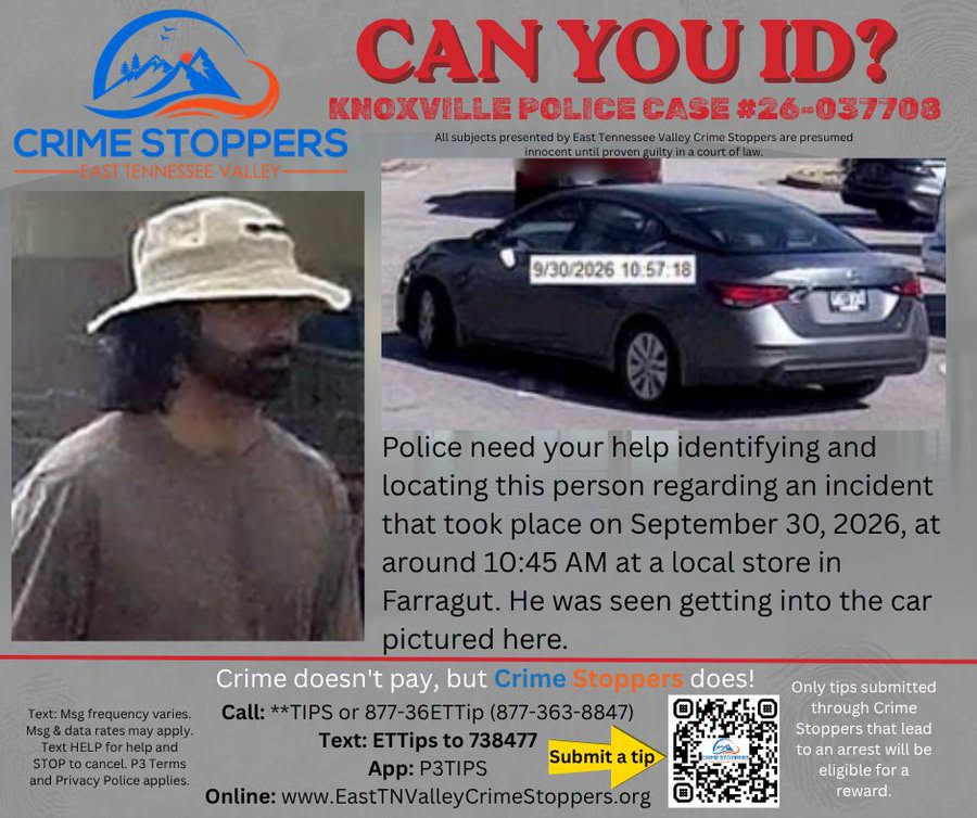 Cartel de Crime Stoppers para identificar a un hombre buscado en Farragut, Tennessee