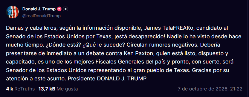 Captura de la publicación de Donald Trump en Truth Social sobre Talarico y el debate con Paxton