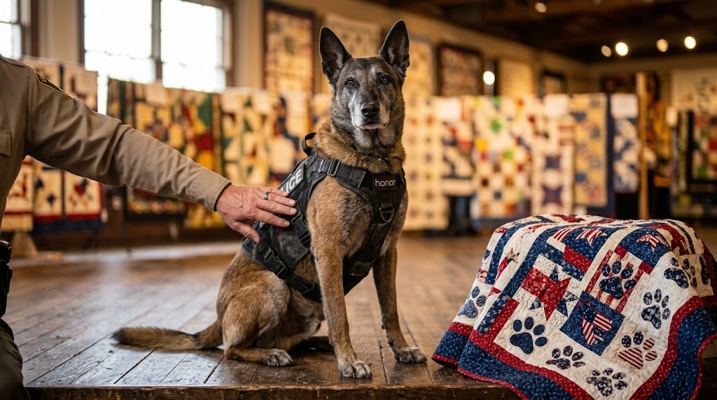 Perro K9 pastor belga malinois junto a una colcha de honor, en referencia al homenaje al K9 Bosco en Wilson County