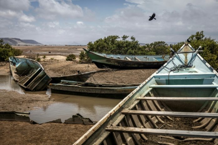Barcas incautadas a contrabandistas que intentaban transportar a migrantes hasta Yemen, almacenadas en un terreno de la guardia costera en Jor Angar, el 12 de abril de 2026 en la costa norte de Yibuti. AFP